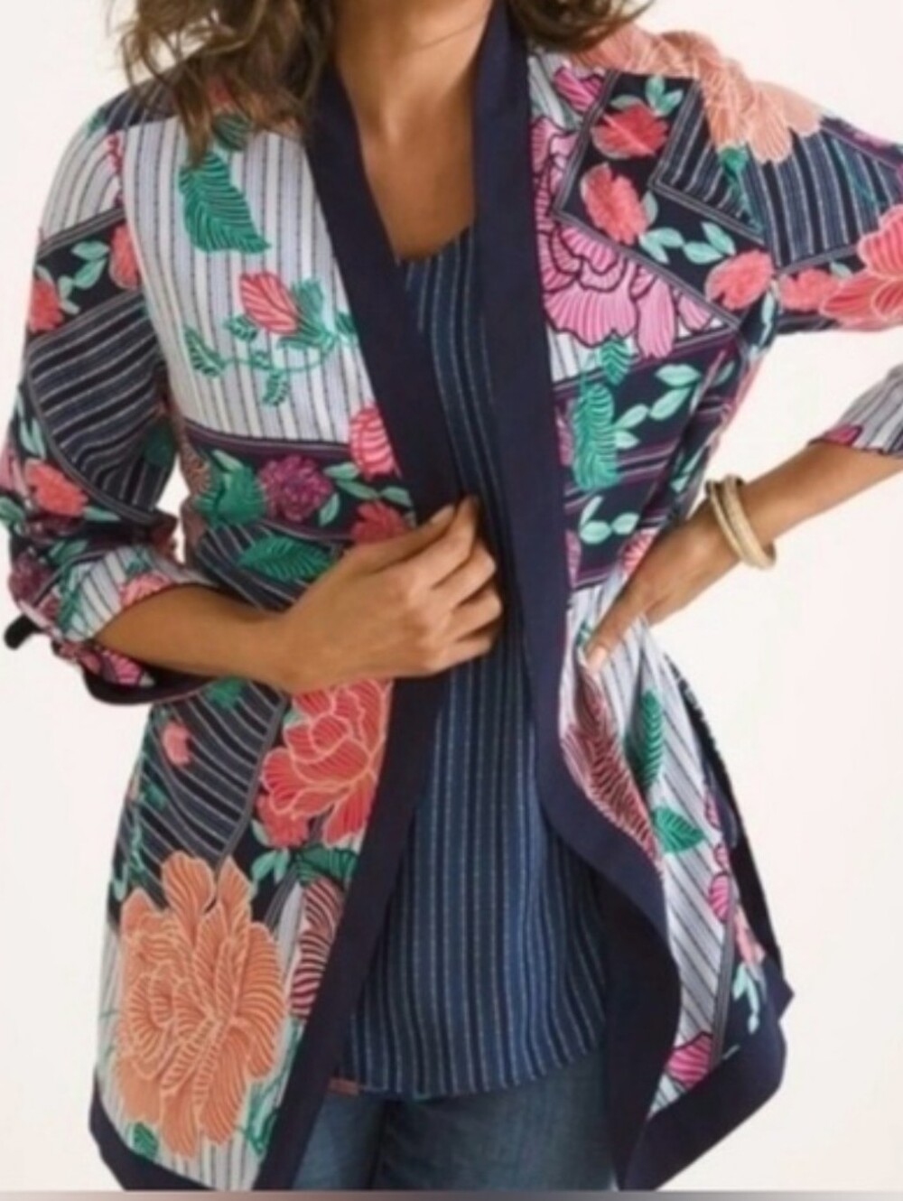 Chico's Deep Navy And Floral Women's Tie Sleeve Open Kimono Jacket